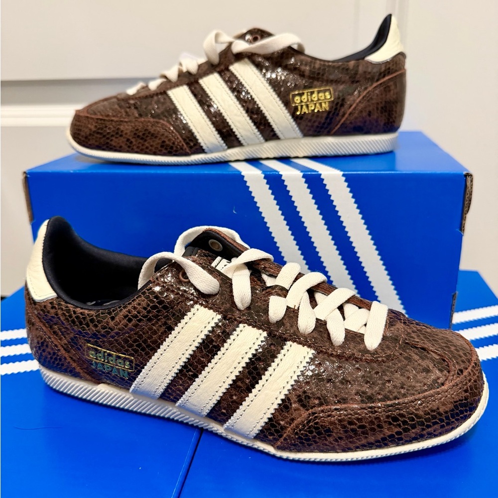 NWT adidas Japan Women's Brown Snakeskin Sneakers with Cream Stripes